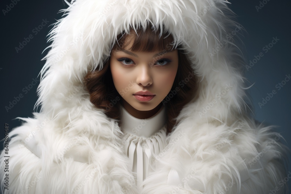 Beautiful woman wears the mystical aura and wears a shimmering white latex fur.