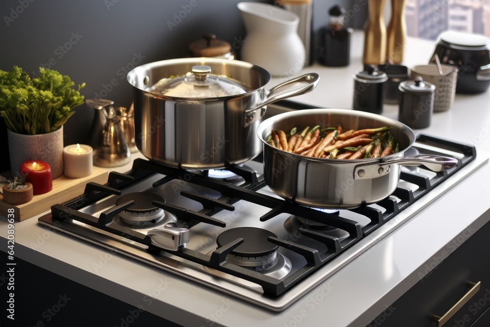 Rectangle gas cooktop with two pans cooking food at kitchen.