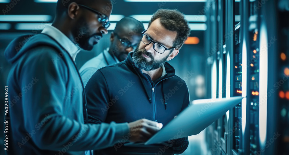 IT Technician works on laptop computer and black male engineer colleague in Data Center while workin