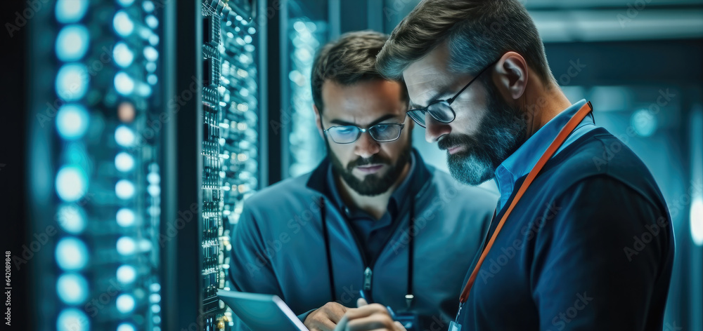 IT Technician works on laptop computer and black male engineer colleague in Data Center while workin