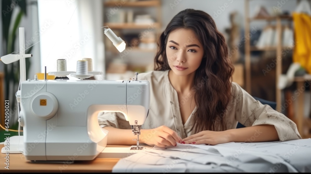 Beautiful Asian Women entrepreneur designer creative textile with sewing machine in store, Woman in 