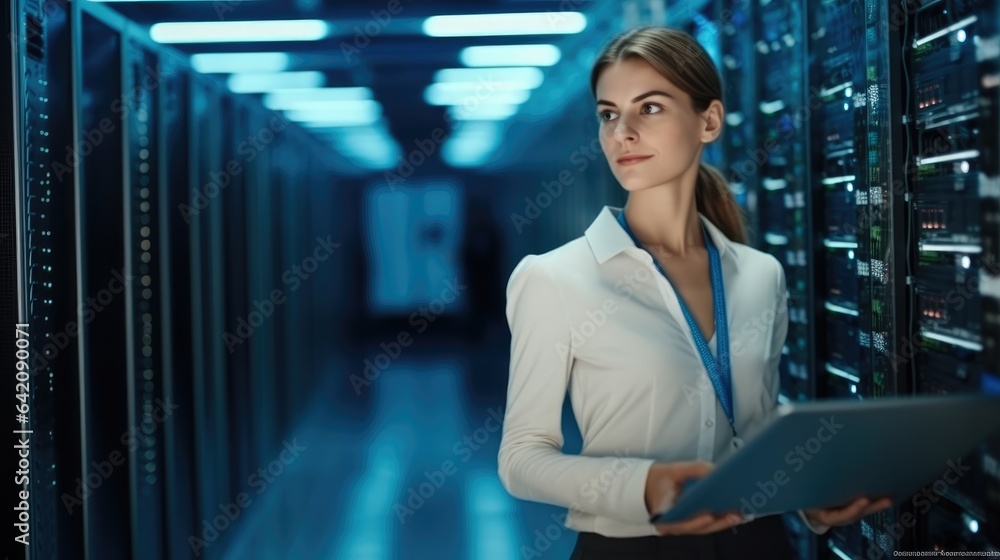 Female IT Technician working and inspecting working server cabinets in data center.