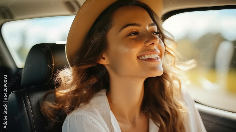 Smiling woman in a car, Enjoying comfort trip.