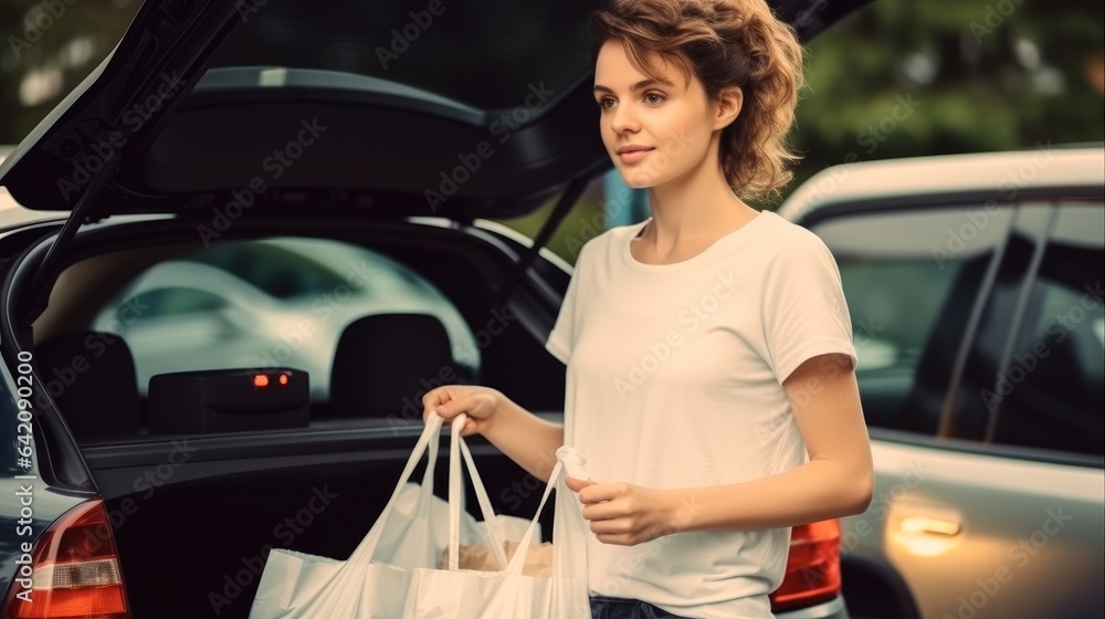 Shopping time, Woman loading shopping bags and groceries in a car trunk after going shopping.