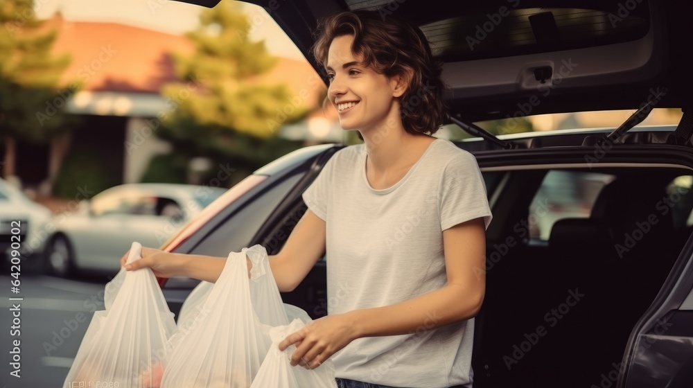 Woman loading shopping bags and groceries in a car trunk after going shopping.