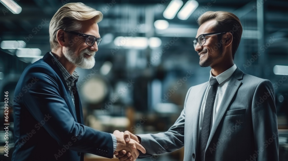 Two man hand shake with cheerful smart confident in modern factory, Business deal success agreement 