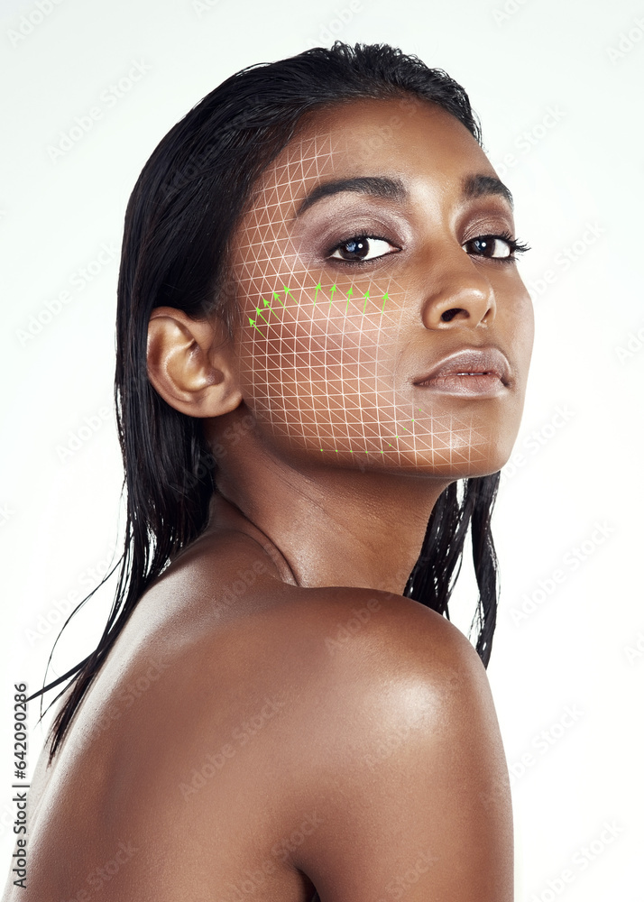 Portrait, beauty and facial recognition for skincare with a model in studio isolated on a white back