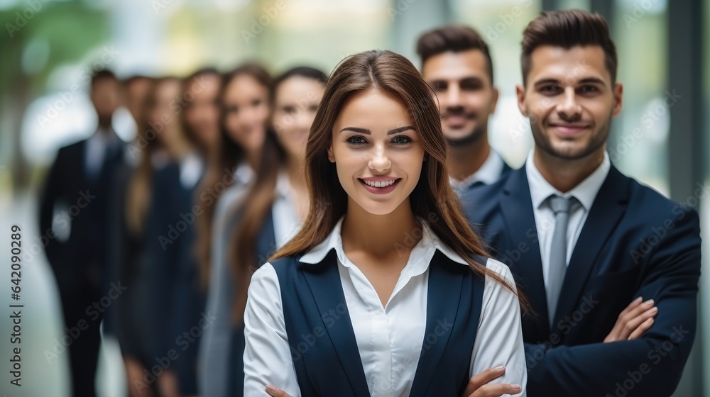 Business people standing in a row formal cloth smile confident and cheerful in modern office backgro