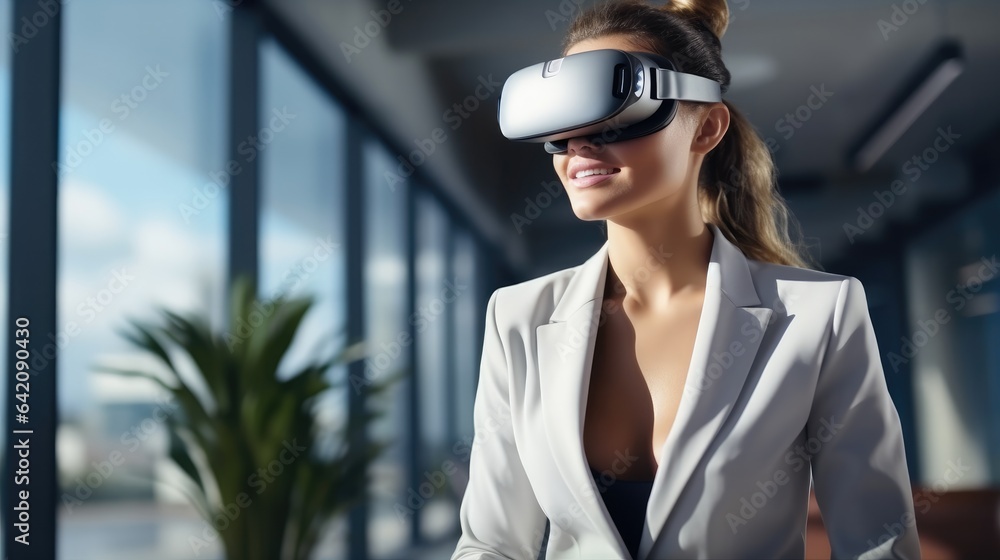 Business woman having a meeting in office with VR glasses, New technologies.