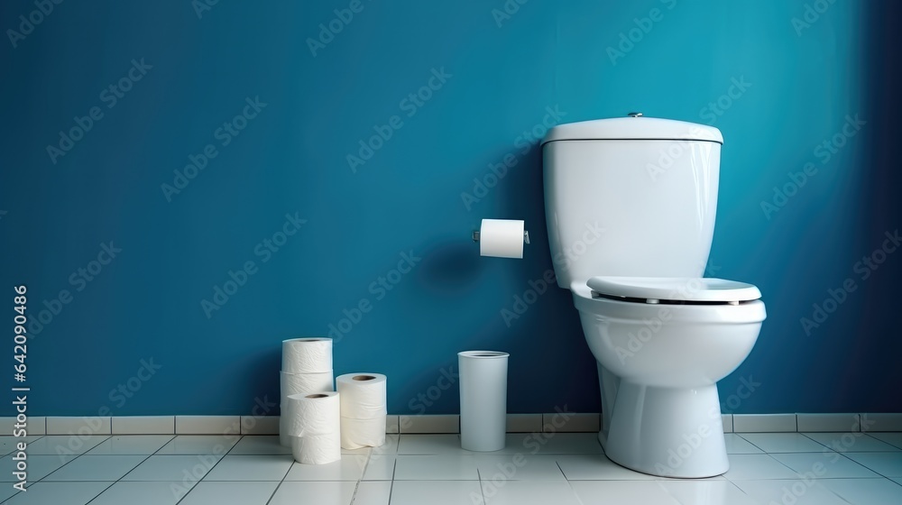 Modern toilet room interior, Ceramic toilet bowl and paper rolls near blue wall.