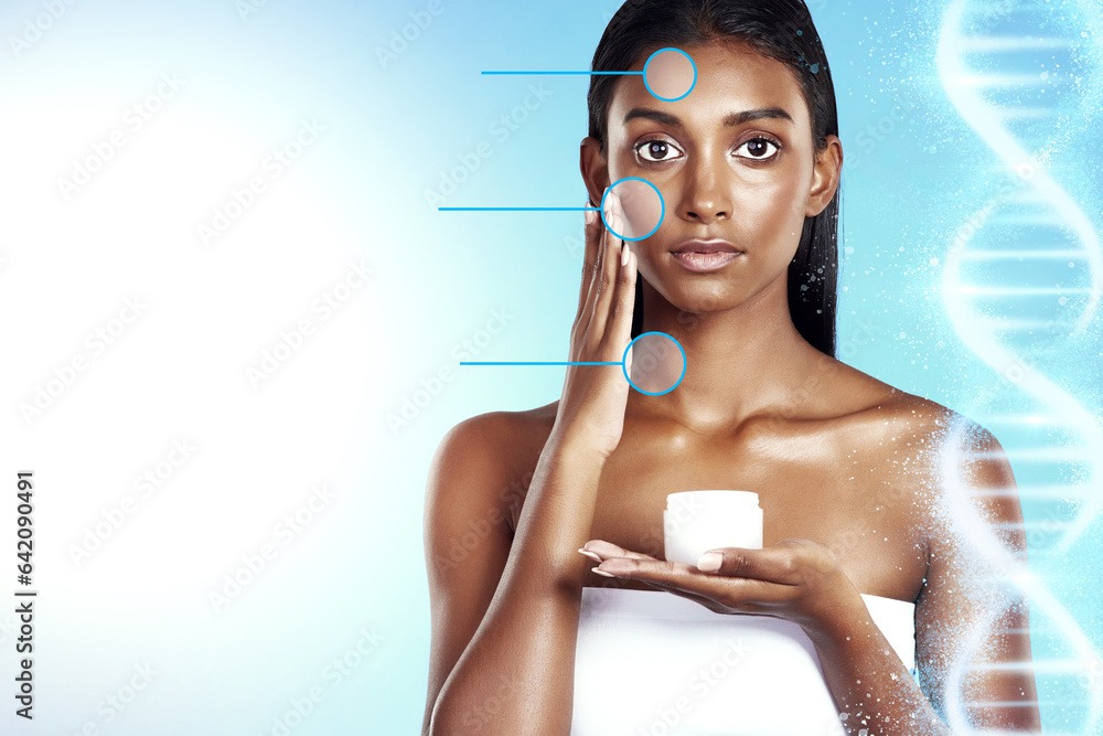 Portrait, skincare and cream jar of woman in studio isolated on blue background mockup space. Face, 