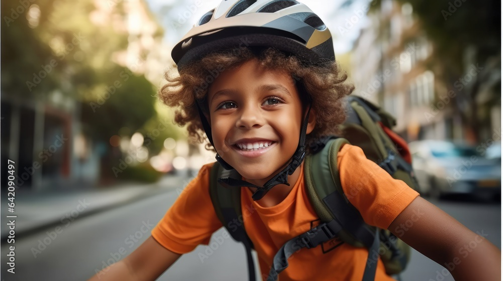 Cheerful happy kid on bicycle riding to school at city, Having fun.