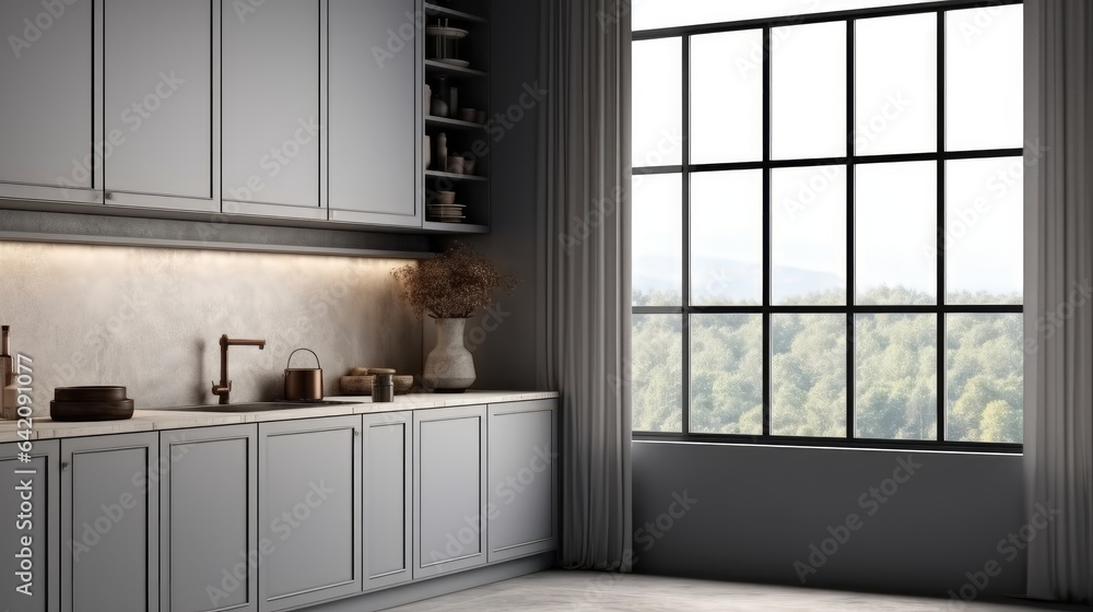 Luxury Kitchen, Kitchen corner with gray cabinets and window.