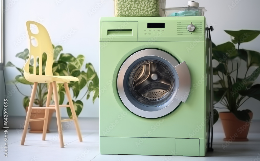 Laundry Room with washing machine, Dryer, Laundry basket and folded towels.