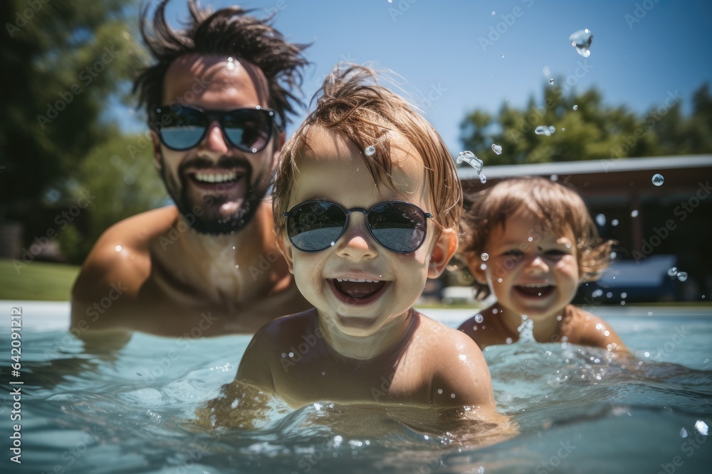 One adults and two child having fun in the water in the pool.