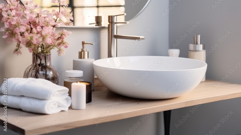 Faucet and sinks in restroom in modern house.