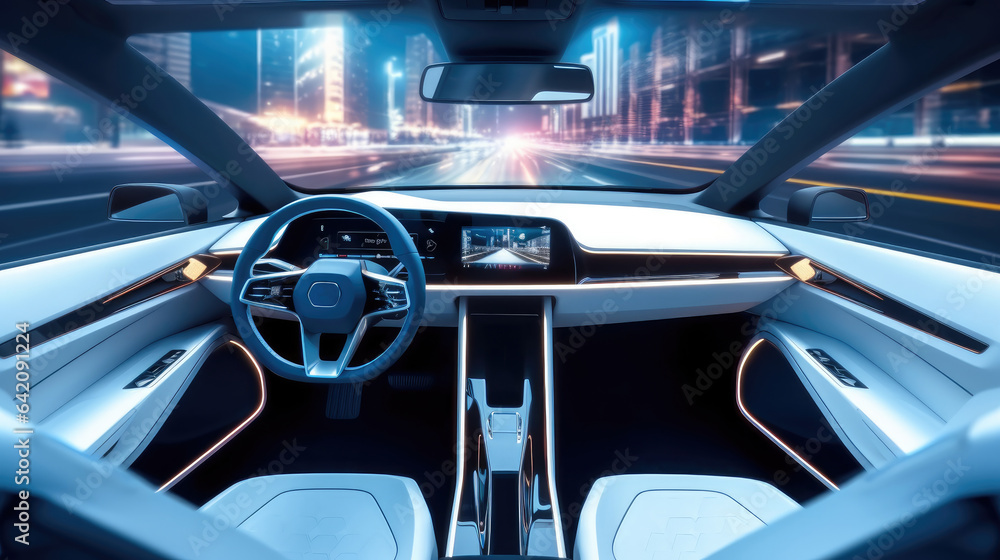 Future technologies, Interior of a self-driving car controlled by an artificial intelligence autopil