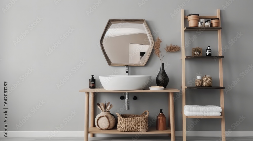 Interiors of a bathroom, Bathroom with sink bowl on wooden cabinet and shelving unit.