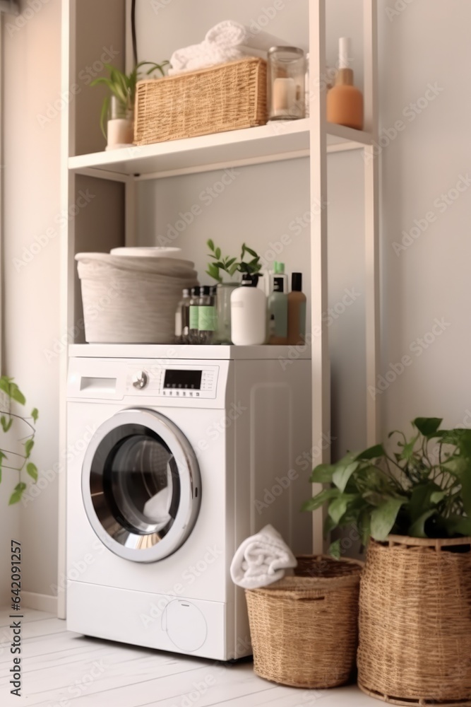 Washing machine and laundry basket in laundry room at home.