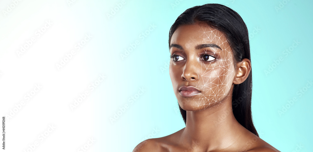 Makeup, change and facial recognition with woman, beauty and skincare on a white studio background. 