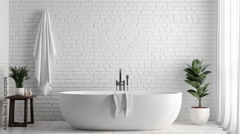 Interior of bathroom and bathtub in modern house.