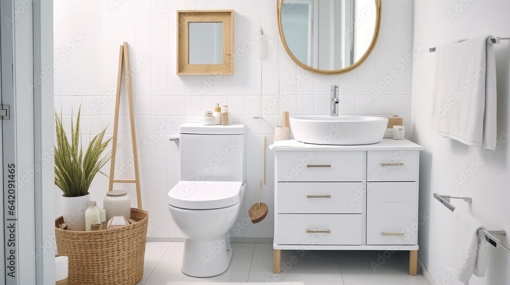 Modern bathroom interior, Ceramic toilet bowl with shelving unit.