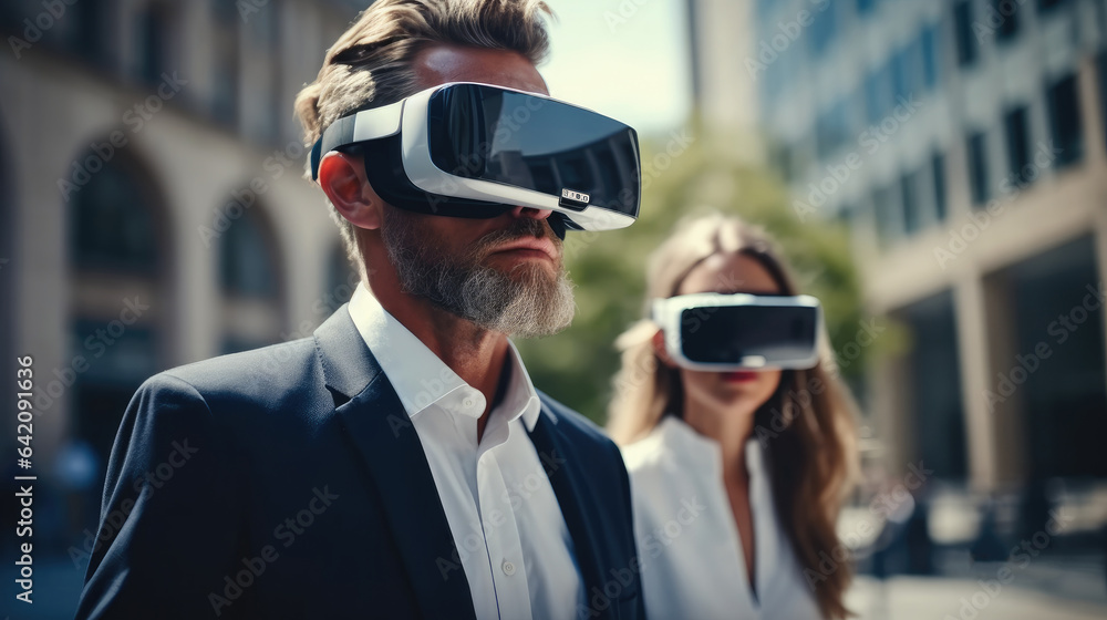 Business people in formal suit using VR glasses virtual reality AI experience planning and strategy 