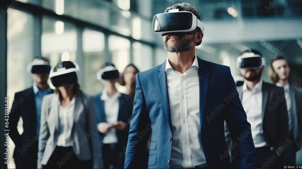 Business people having a meeting in office with VR glasses.