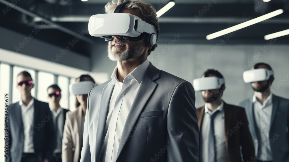 Business people having a meeting in office with VR glasses.