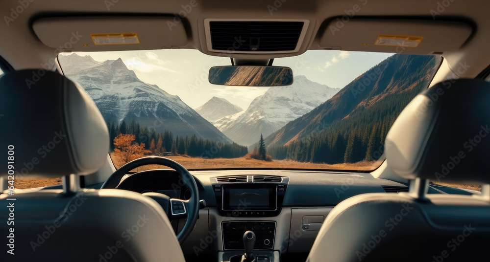 Interior of electric vehicle passenger seat with mountain view, Modern interior of car.