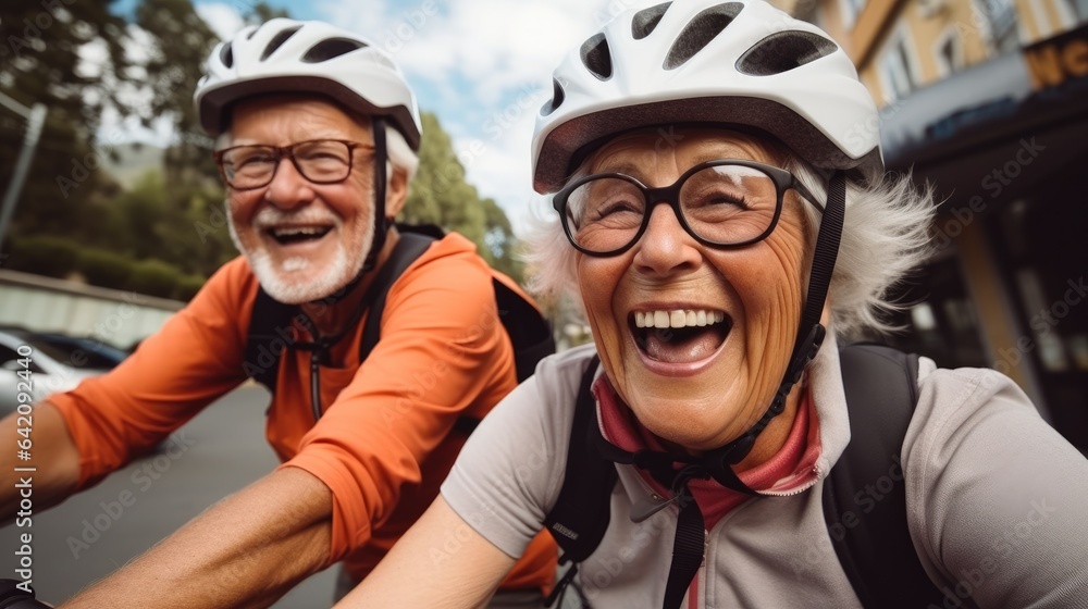 Happy retired people in protective helmets are riding bike together exploring city.