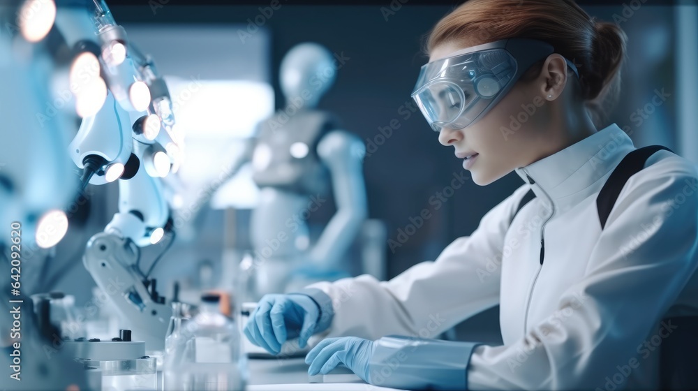 Female scientist and AI robot working together in the science lab, Science, chemistry, technology.