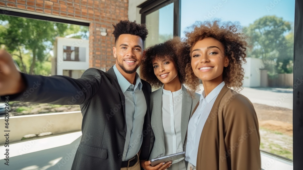 Property market concept, Smiling real estate broker pointing with hand while showing new dwelling to