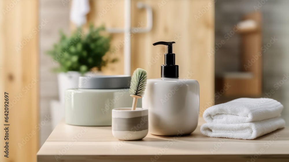 Interior of modern restroom with soap dispenser and cup with toothbrushes on table in house.