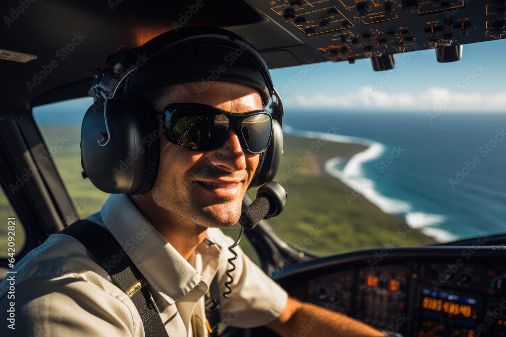 Portrait of a happy pilot in the airplanes cockpit.