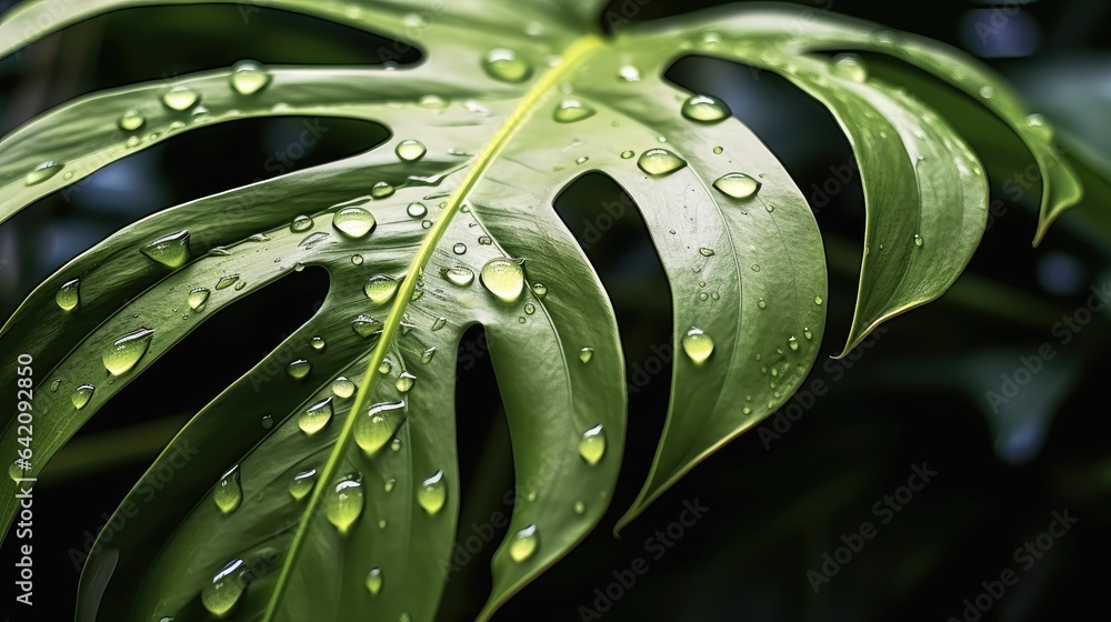 Nature Green Leaf Pattern With Water Raindrop ,Natural Lush Foliage Background.