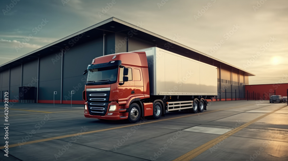 Modern loading docks, Truck in front of an industrial logistics building.