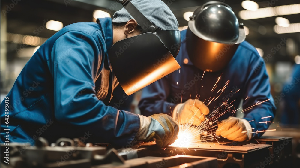 Welding worker team working arc weld metal joint production in heavy industry.