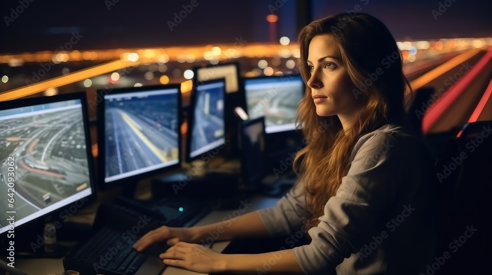 Woman working as air traffic controller at airport control tower.