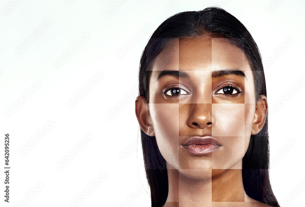 Portrait, beauty and skincare transformation with a woman in studio isolated on white background. Sk