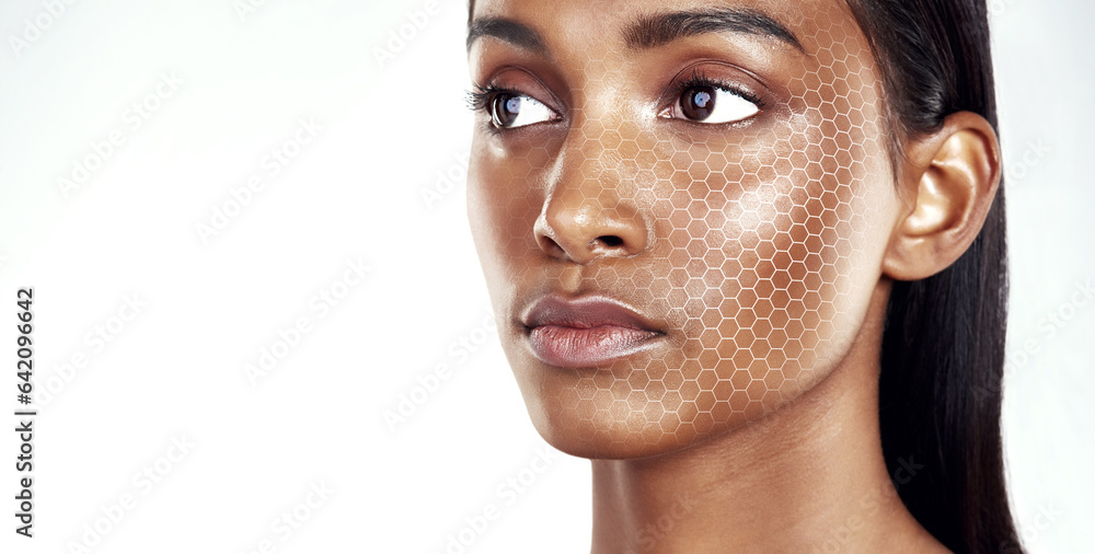 Beauty, mockup and facial recognition for skincare with a woman in studio isolated on white backgrou