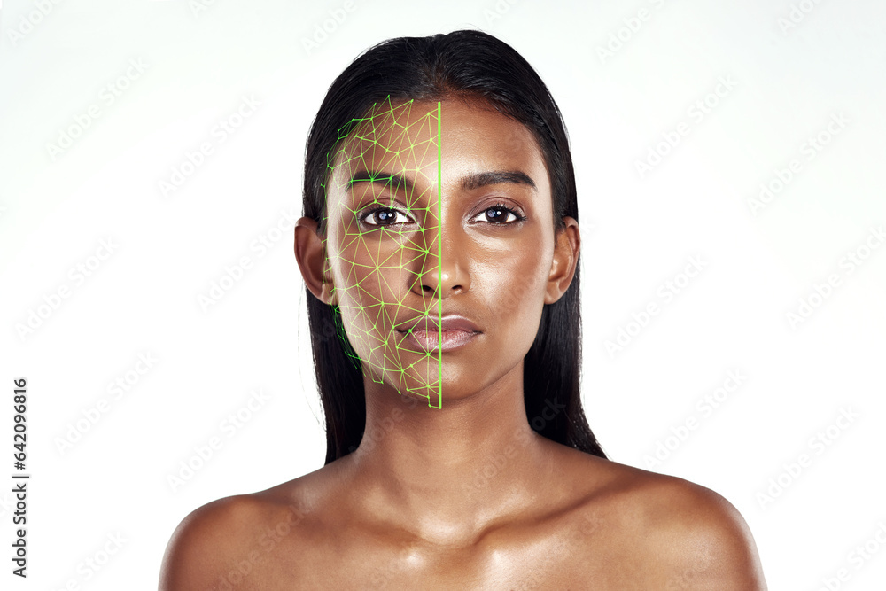 Portrait, beauty and facial recognition for skincare with a woman in studio isolated on white backgr