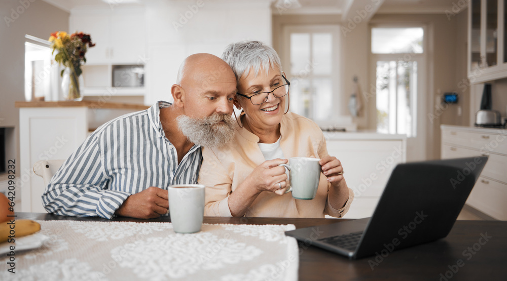 Laptop, video call and senior couple in a kitchen with coffee, conversation and bond at home. Love, 