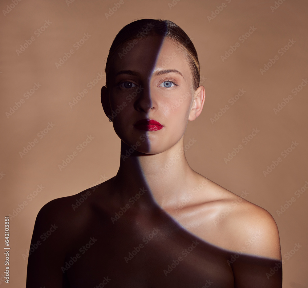 Spotlight, portrait or shadow for lipstick, beauty or creative aesthetic with light on studio backgr