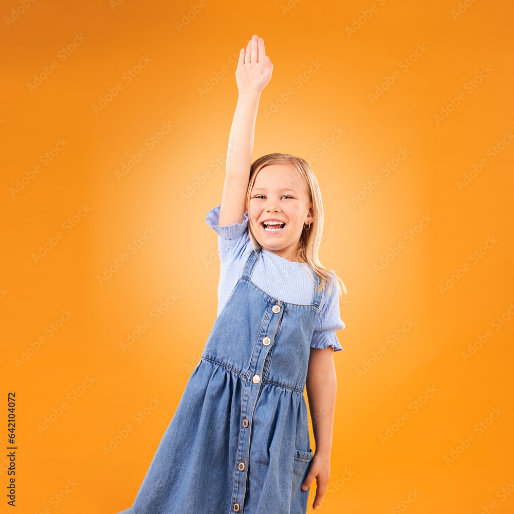 Portrait, hands raised and happy kid with question in studio isolated on an orange background mockup