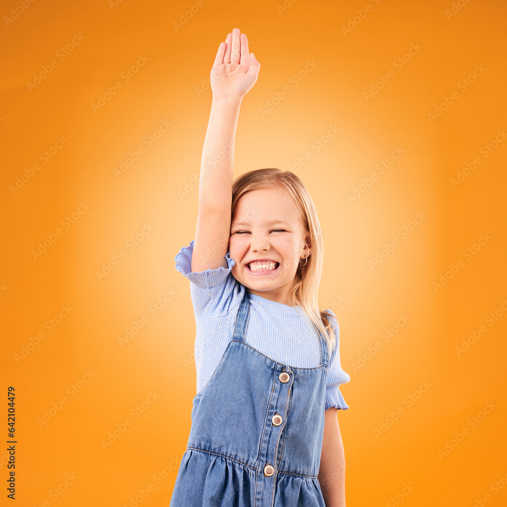 Learning, hands raised and happy kid with question in studio isolated on an orange background mockup