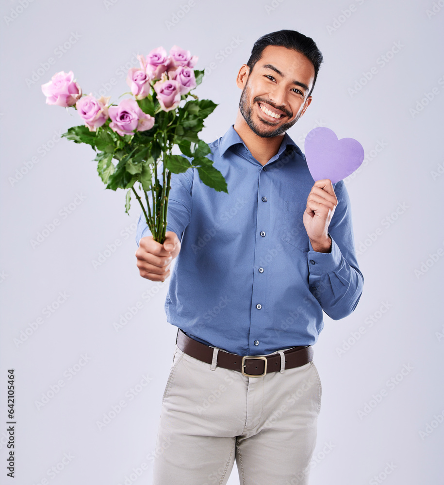 Roses, portrait and asian man with purple heart in studio for thank you, gift or care on white backg