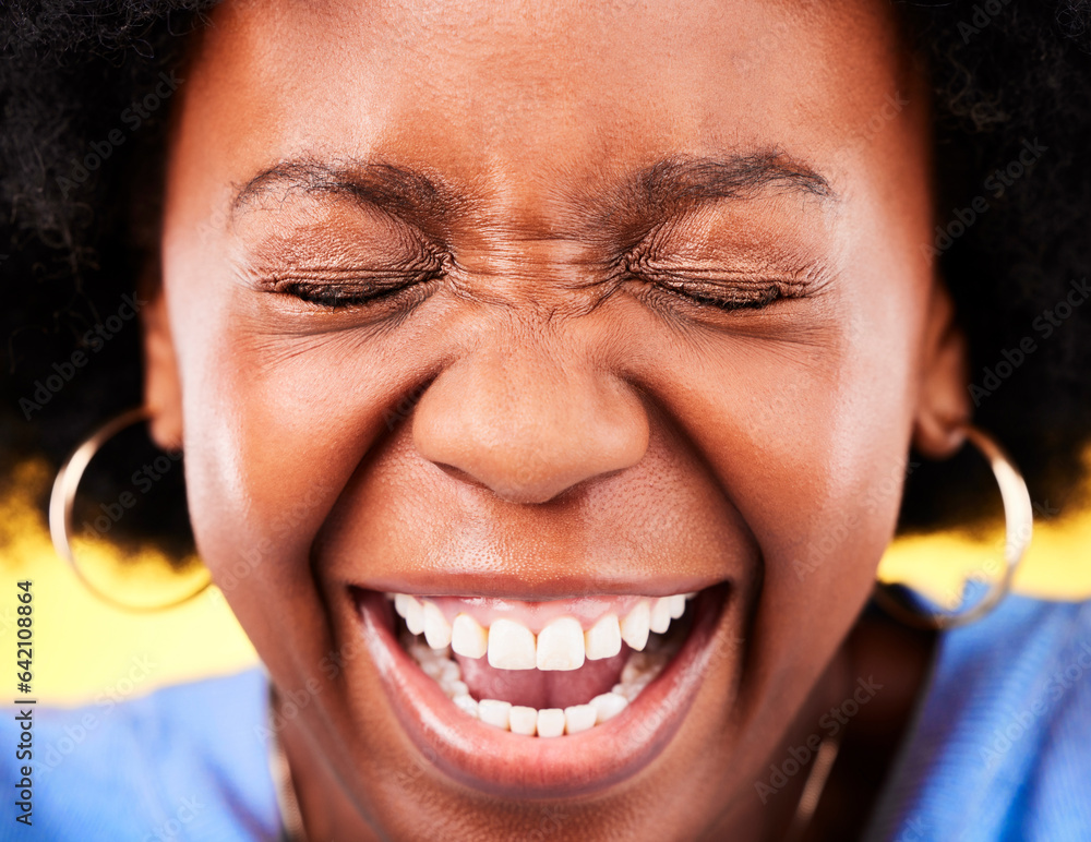 Zoom of excited, happy and face of black woman on yellow background for good news, wow and surprise.