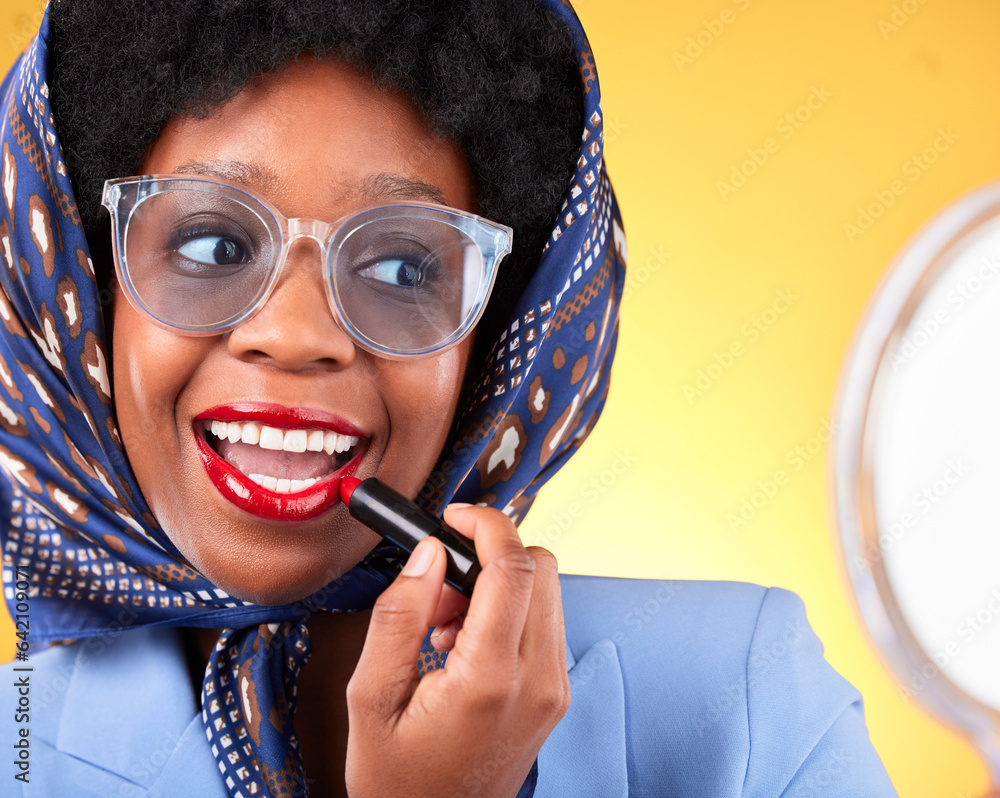 Vintage, woman closeup and lipstick with mirror and retro clothing apply red makeup and confidence. 