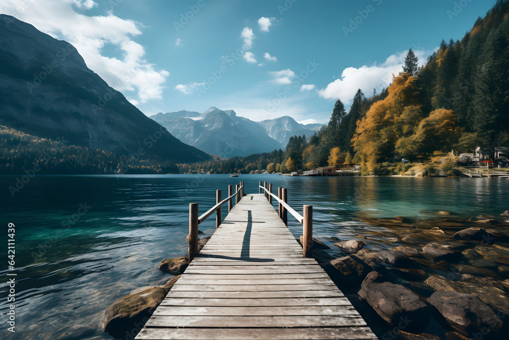 Pier at a lake in hallstatt. nature background